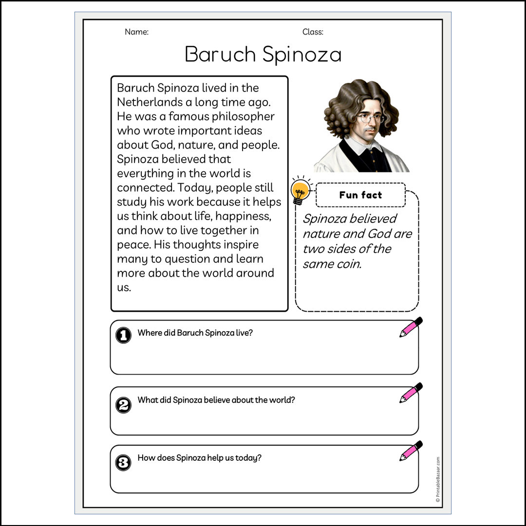 Baruch Spinoza | Reading Passage Comprehension Questions Writing Facts Worksheet