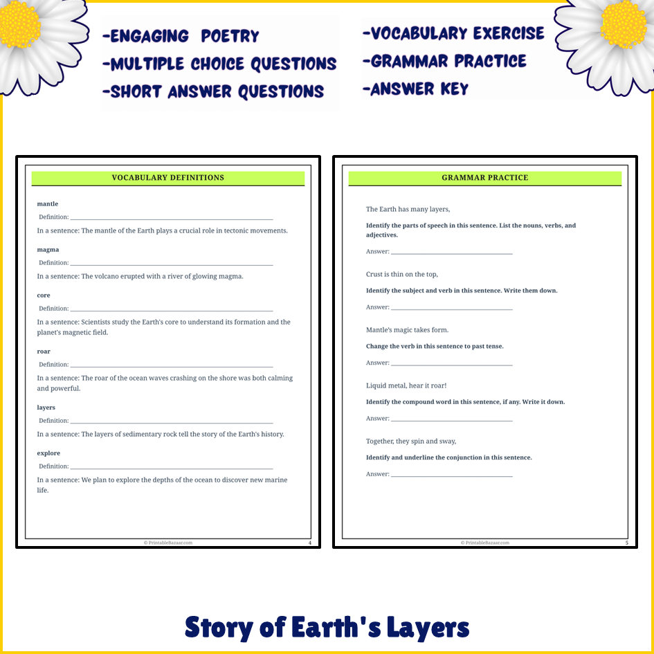 Story of Earth's Layers | Poem Grammar Worksheet Printable Activity