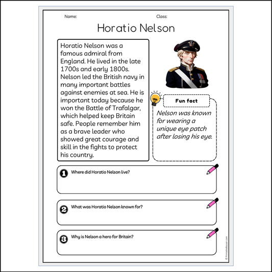 Horatio Nelson | Reading Passage Comprehension Questions Writing Facts Worksheet