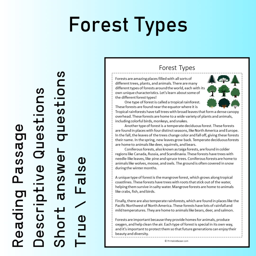 Forest Types | Reading Comprehension Passage Printable Worksheet