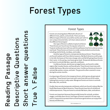 Forest Types | Reading Comprehension Passage Printable Worksheet
