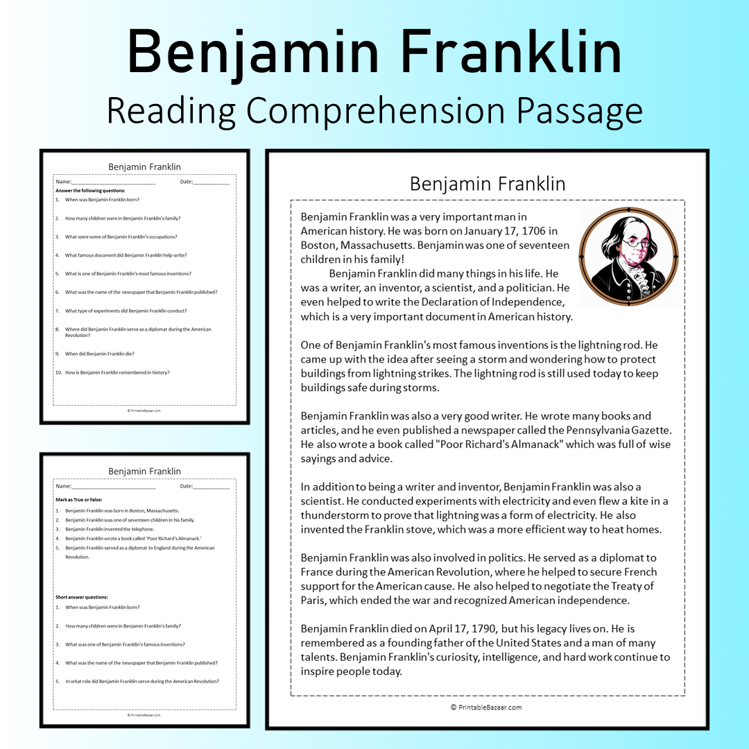Benjamin Franklin | Reading Comprehension Passage Printable Worksheet