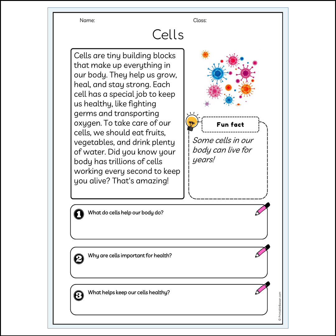 Cells | Reading Passage Comprehension Questions Writing Facts Worksheet