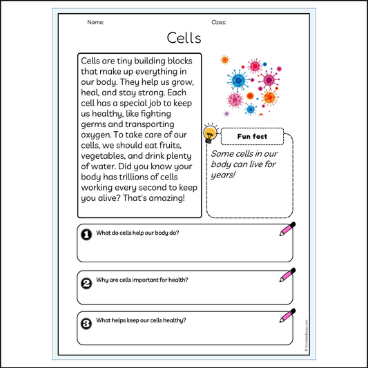 Cells | Reading Passage Comprehension Questions Writing Facts Worksheet