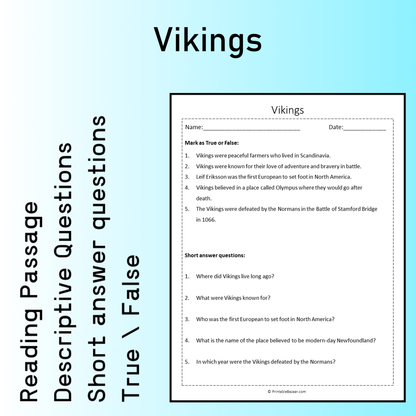 Vikings | Reading Comprehension Passage Printable Worksheet