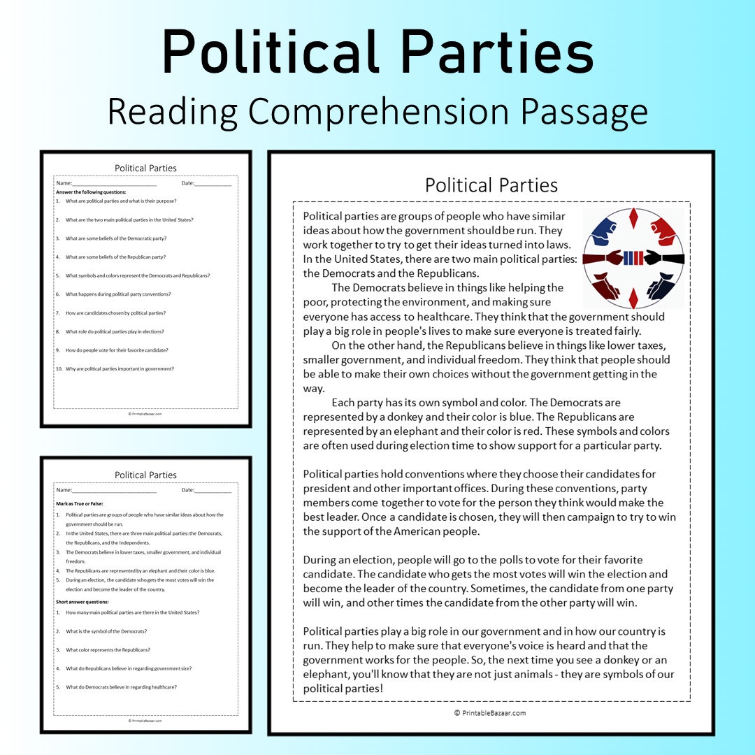 Political Parties | Reading Comprehension Passage Printable Worksheet