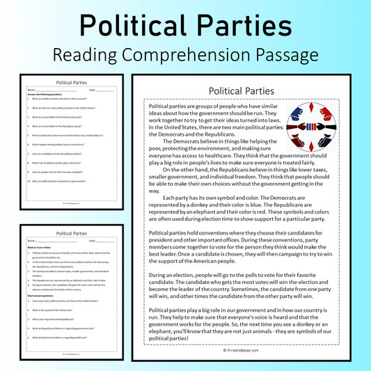 Political Parties | Reading Comprehension Passage Printable Worksheet