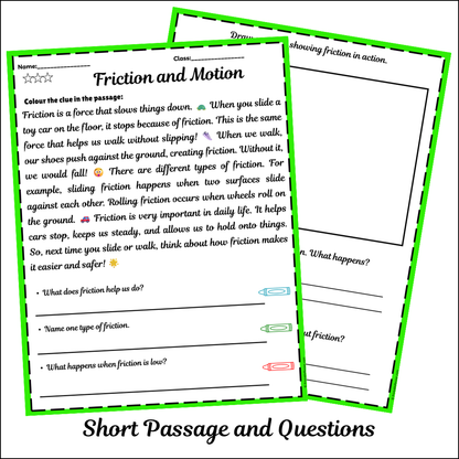 Friction and Motion | Short Reading Comprehension Creative Worksheet