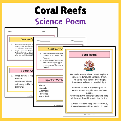 Coral Reefs | Science Poem Reading Comprehension Activity