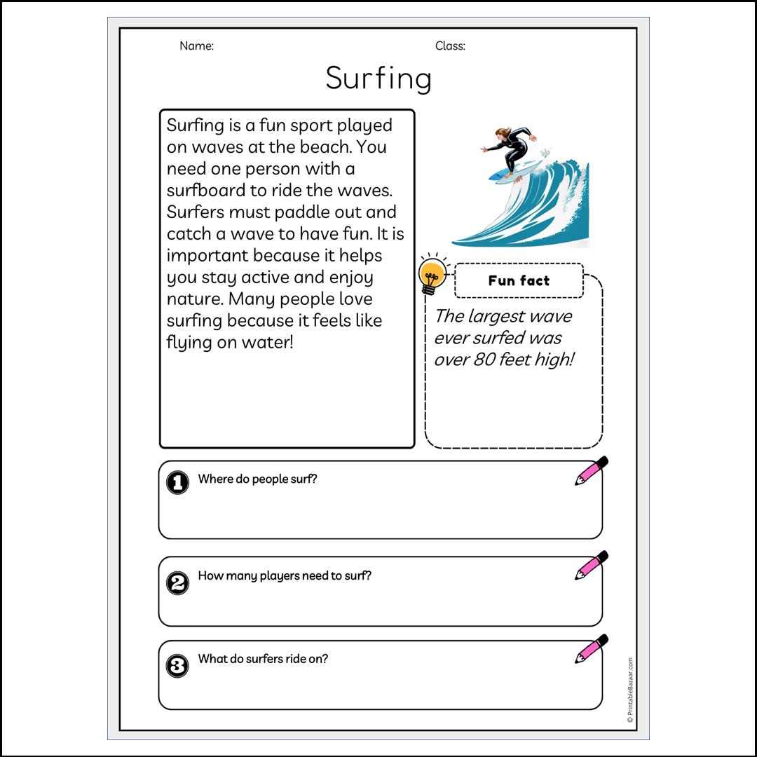 Surfing | Reading Passage Comprehension Questions Writing Facts Worksheet