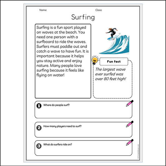 Surfing | Reading Passage Comprehension Questions Writing Facts Worksheet