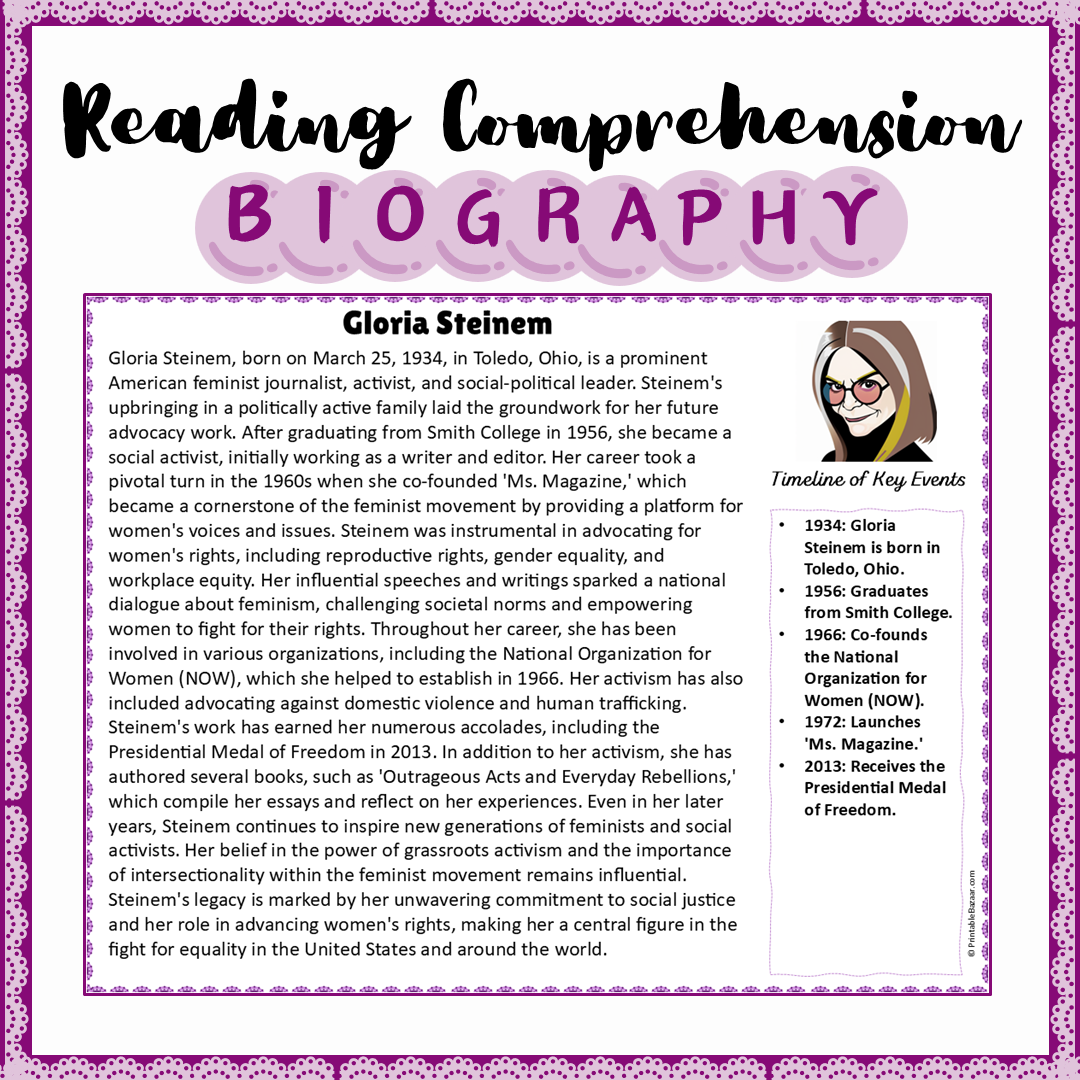 Gloria Steinem | Biography Reading Comprehension and Questions Worksheet