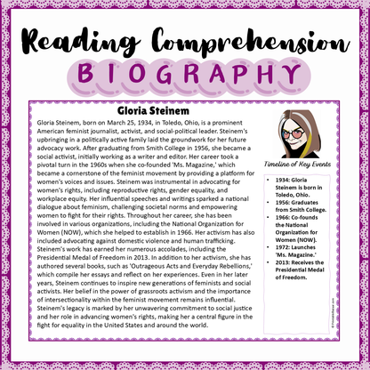 Gloria Steinem | Biography Reading Comprehension and Questions Worksheet