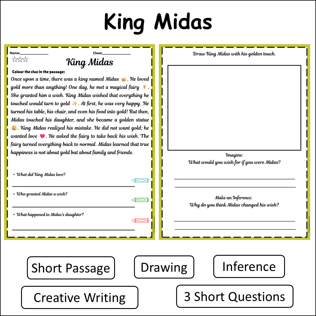 King Midas | Short Reading Comprehension Creative Worksheet