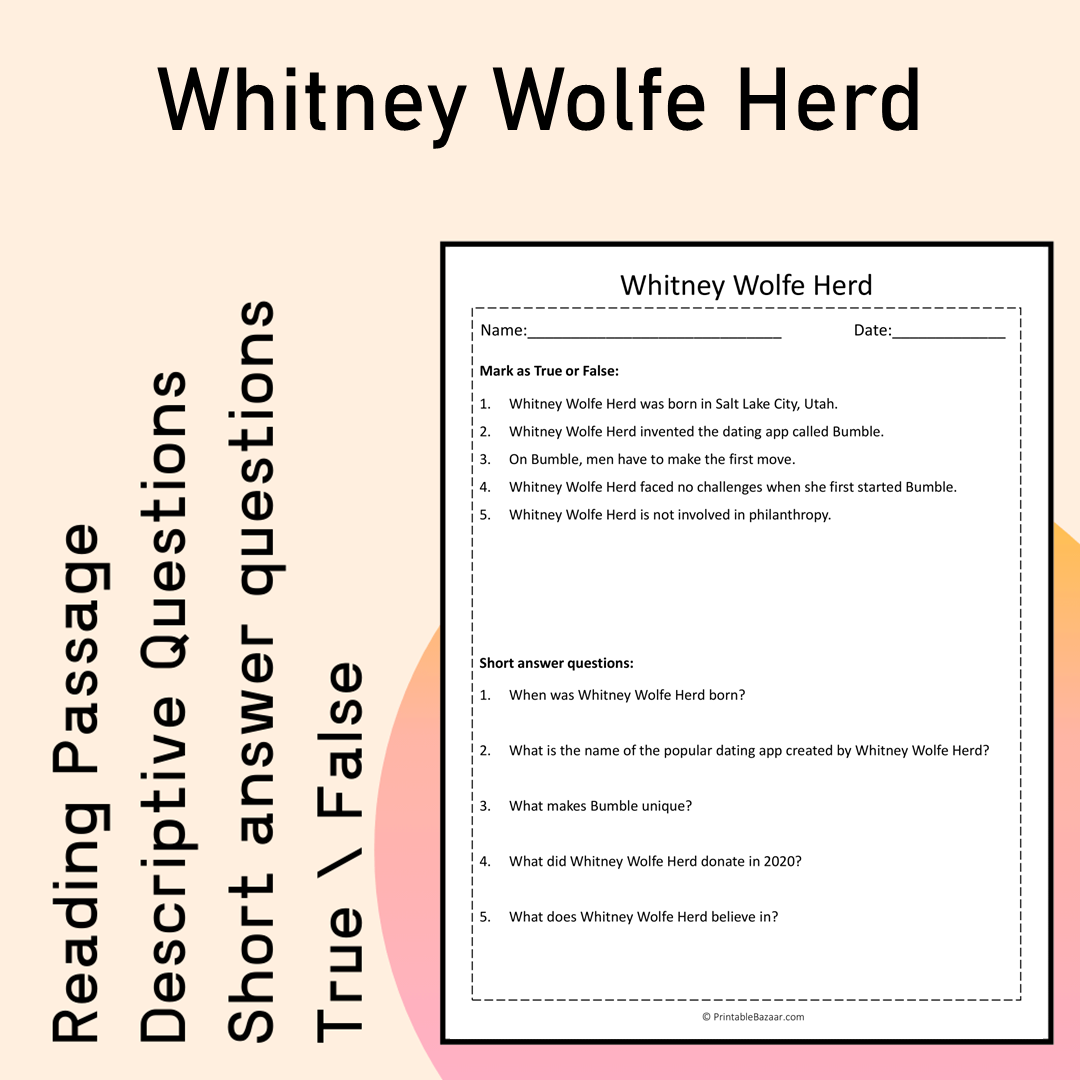 Whitney Wolfe Herd | Reading Comprehension Passage Printable Activity