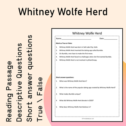 Whitney Wolfe Herd | Reading Comprehension Passage Printable Activity