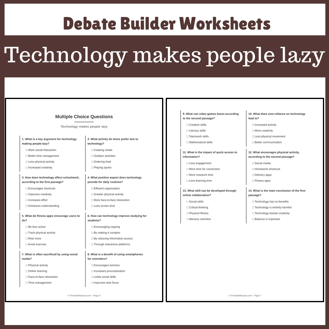 Technology makes people lazy | Favour and Against Worksheet Printable Activity