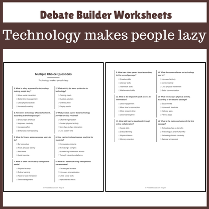 Technology makes people lazy | Favour and Against Worksheet Printable Activity