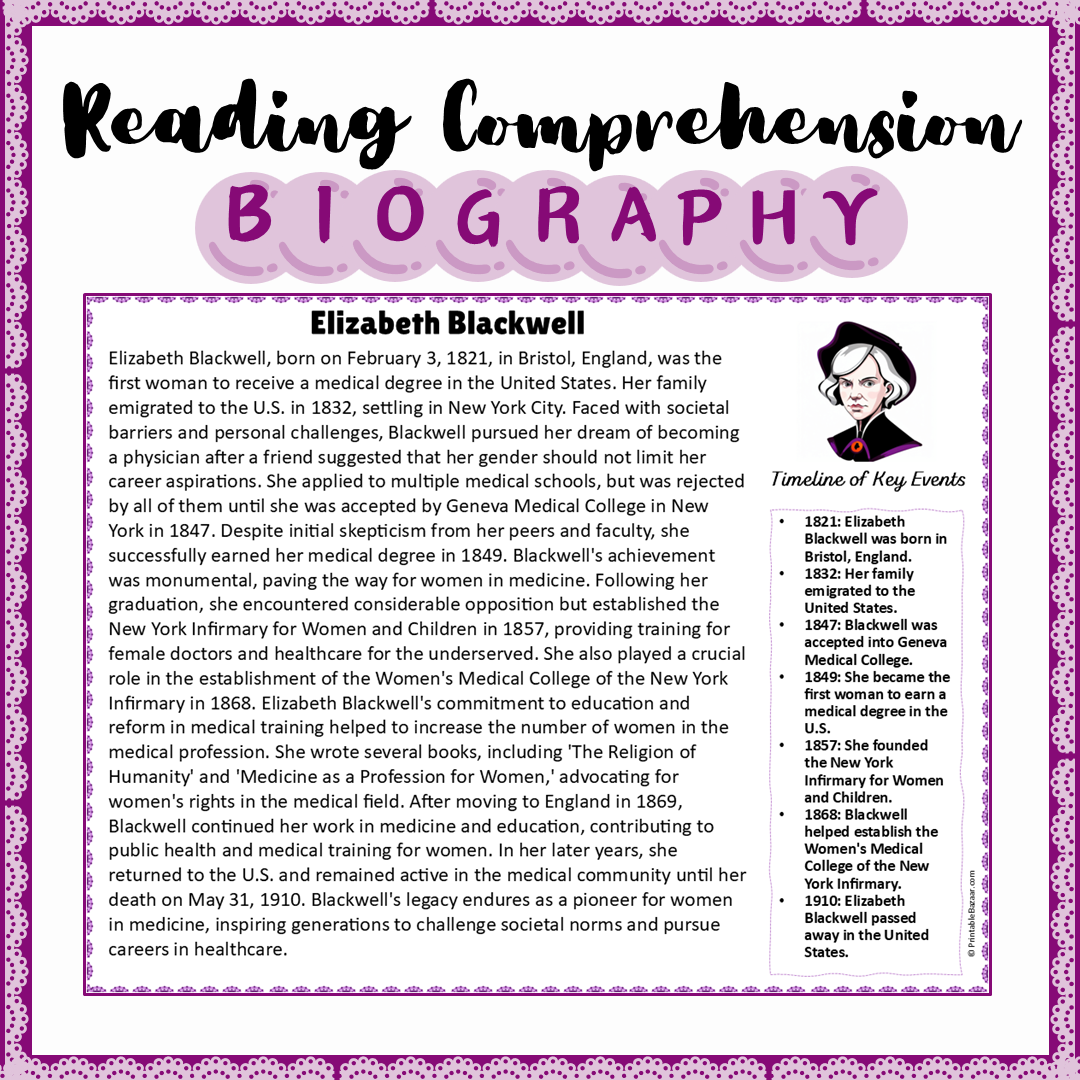 Elizabeth Blackwell | Biography Reading Comprehension and Questions Worksheet