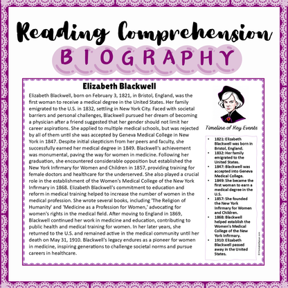 Elizabeth Blackwell | Biography Reading Comprehension and Questions Worksheet