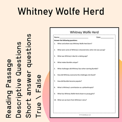 Whitney Wolfe Herd | Reading Comprehension Passage Printable Activity