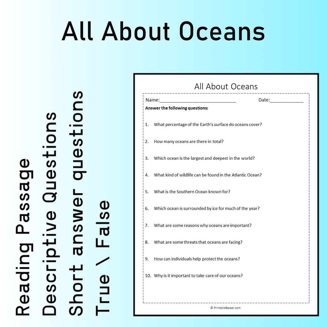 All About Oceans | Reading Comprehension Passage Printable Worksheet