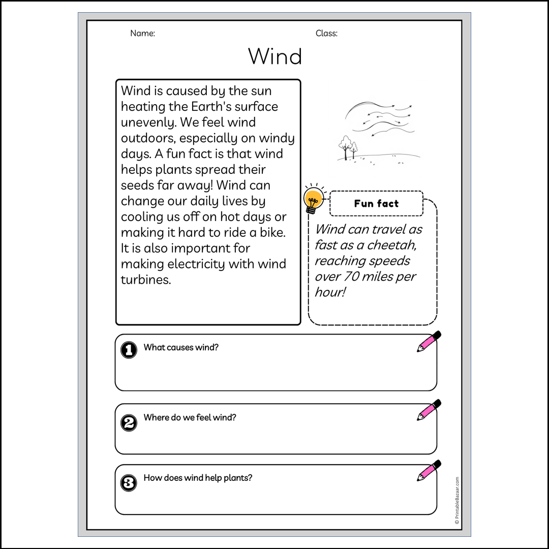 Wind | Reading Passage Comprehension Questions Writing Facts Worksheet