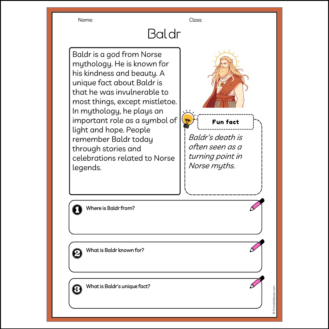 Baldr | Reading Passage Comprehension Questions Writing Facts Worksheet