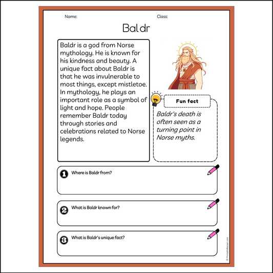 Baldr | Reading Passage Comprehension Questions Writing Facts Worksheet