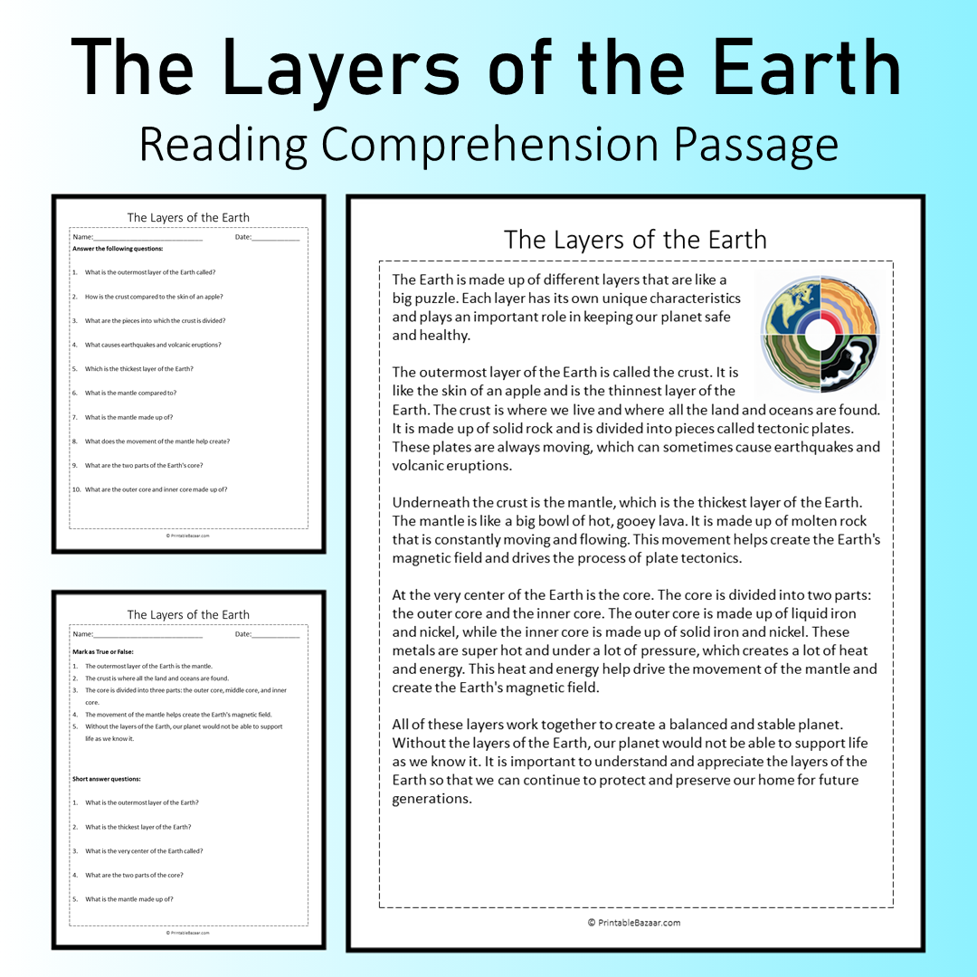 The Layers of the Earth | Reading Comprehension Passage Printable Worksheet