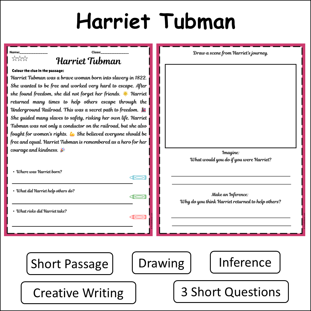 Harriet Tubman | Short Reading Comprehension Creative Worksheet
