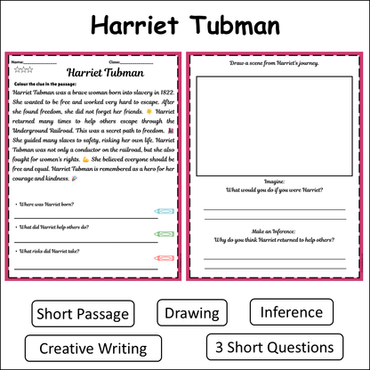 Harriet Tubman | Short Reading Comprehension Creative Worksheet