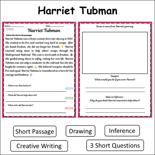 Harriet Tubman | Short Reading Comprehension Creative Worksheet