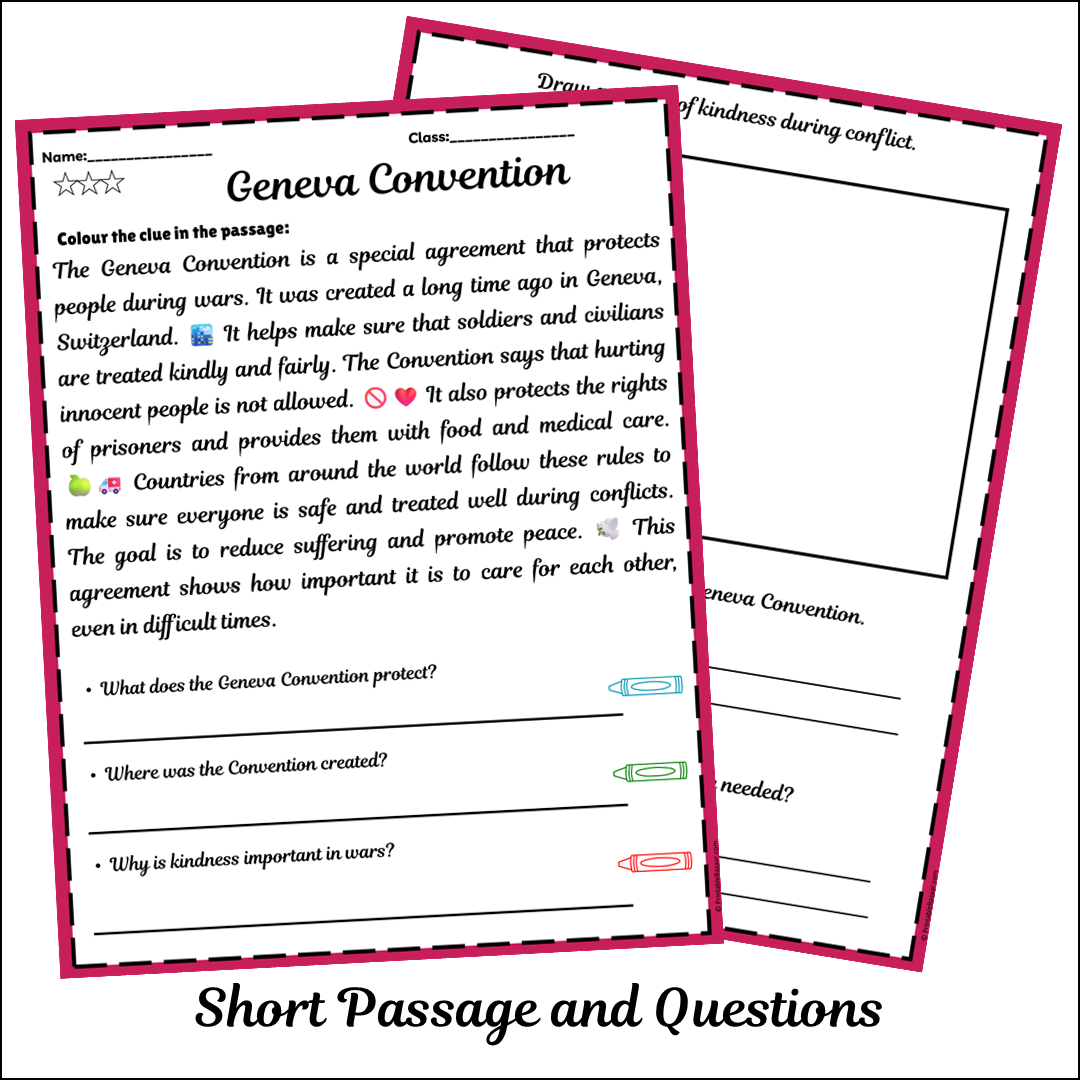 Geneva Convention | Short Reading Comprehension Creative Worksheet