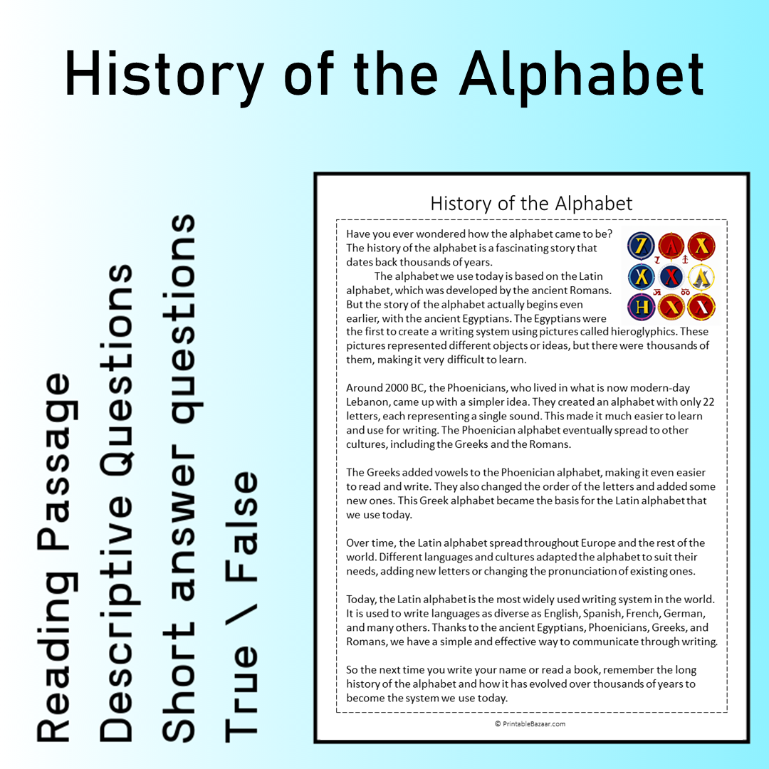 History of the Alphabet | Reading Comprehension Passage Printable Worksheet