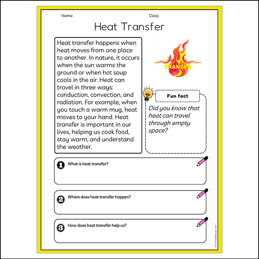 Heat Transfer | Reading Passage Comprehension Questions Writing Facts Worksheet