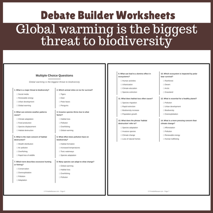 Global warming is the biggest threat to biodiversity | Favour and Against Worksheet Printable Activity