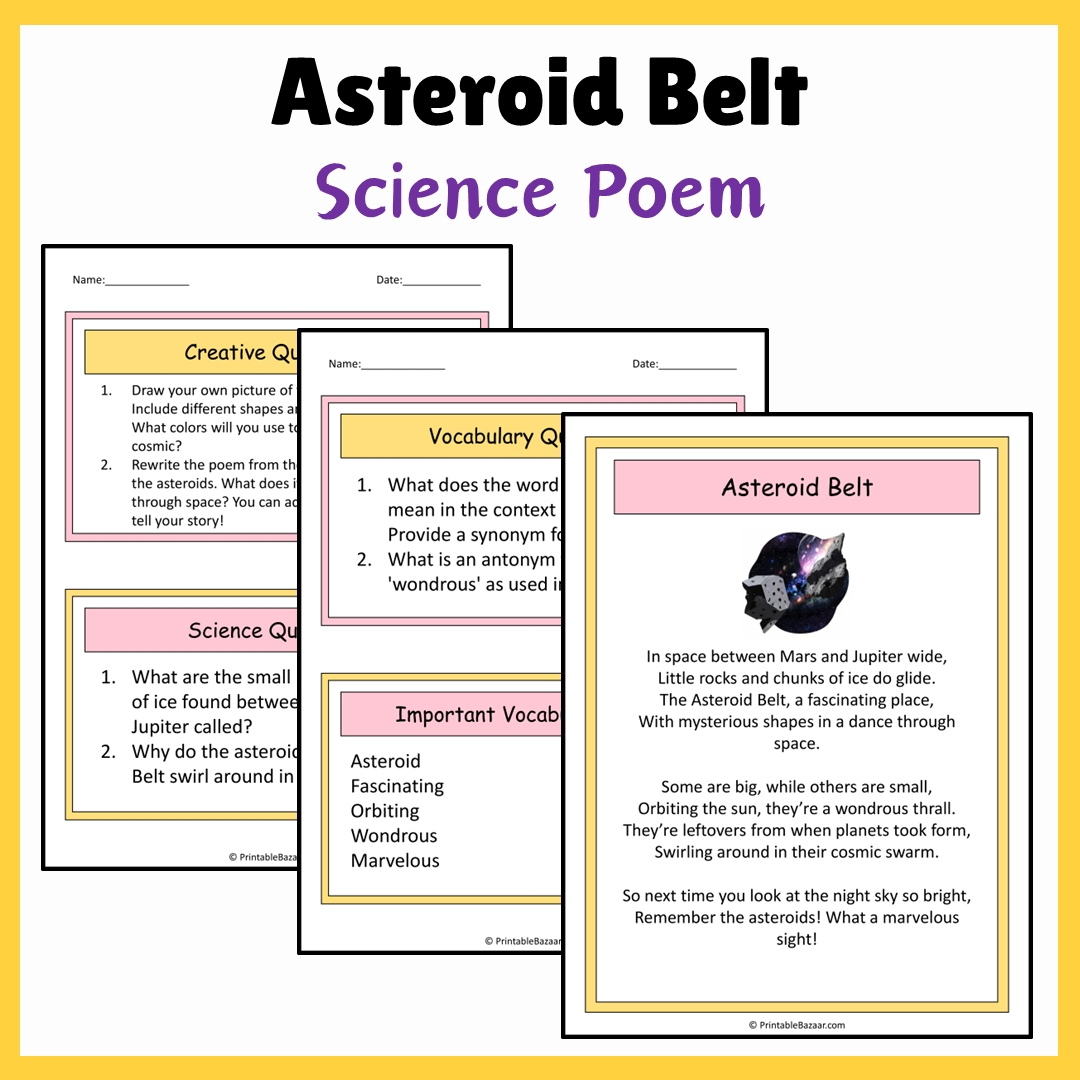 Asteroid Belt | Science Poem Reading Comprehension Activity