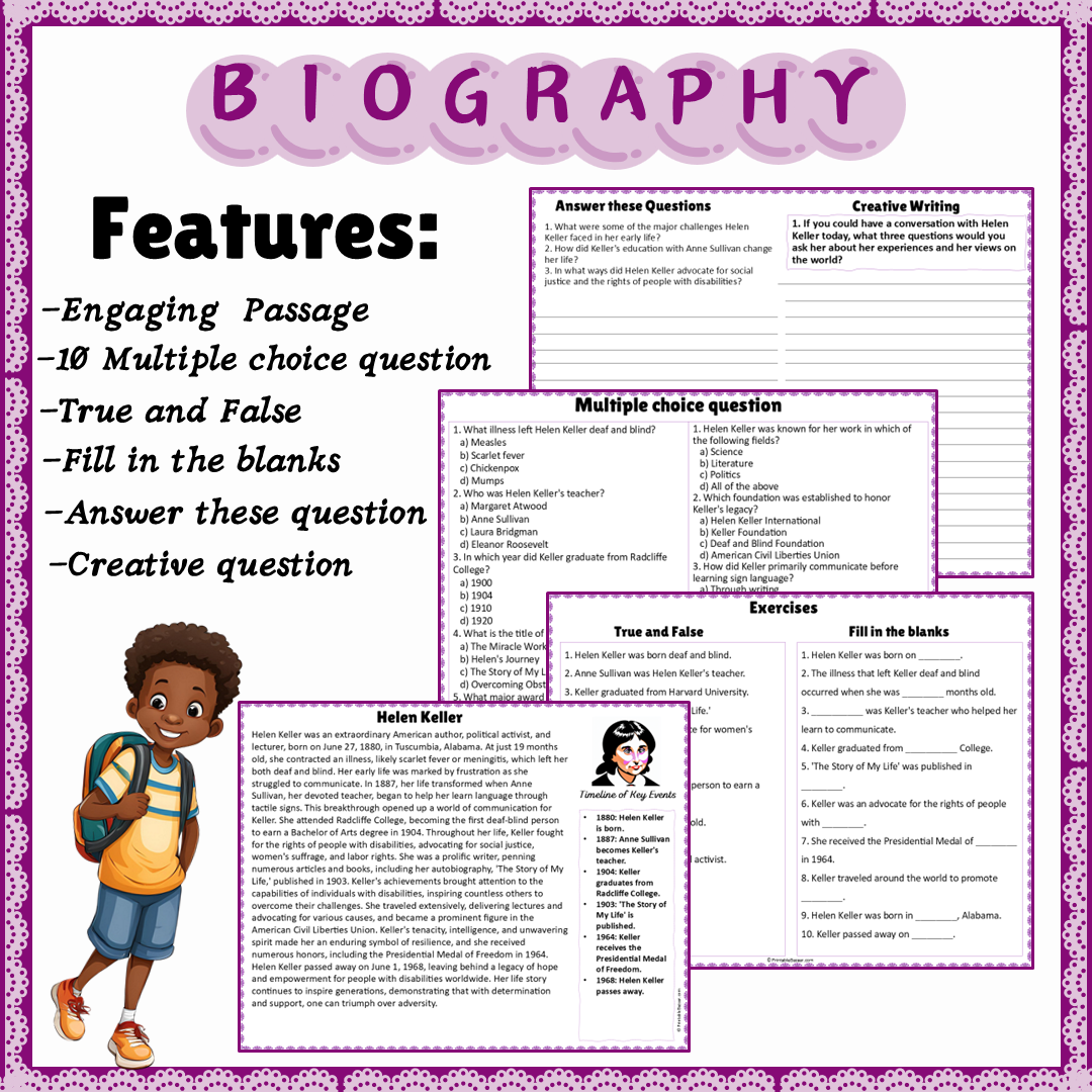 Helen Keller | Biography Reading Comprehension and Questions Worksheet