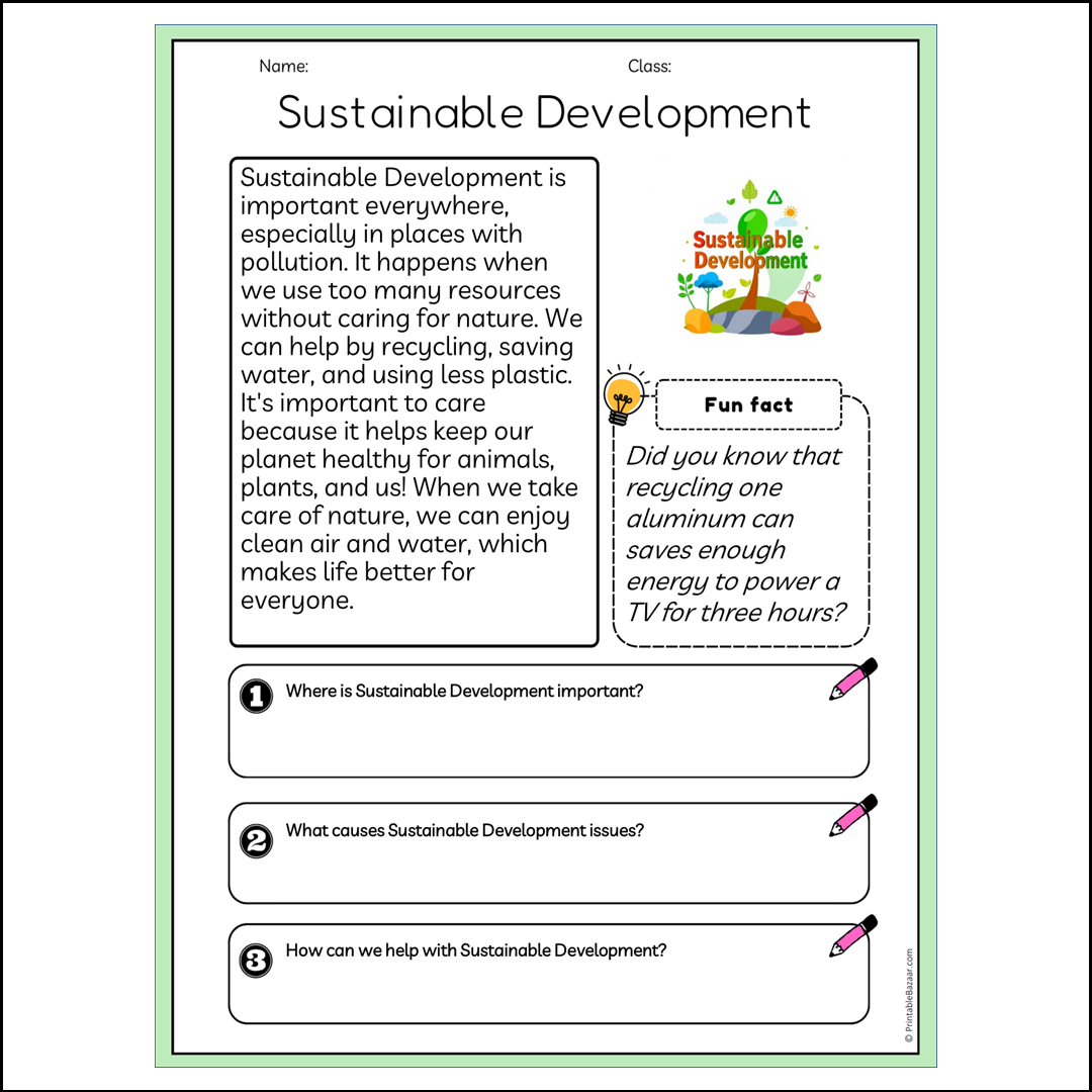 Sustainable Development | Reading Passage Comprehension Questions Writing Facts Worksheet