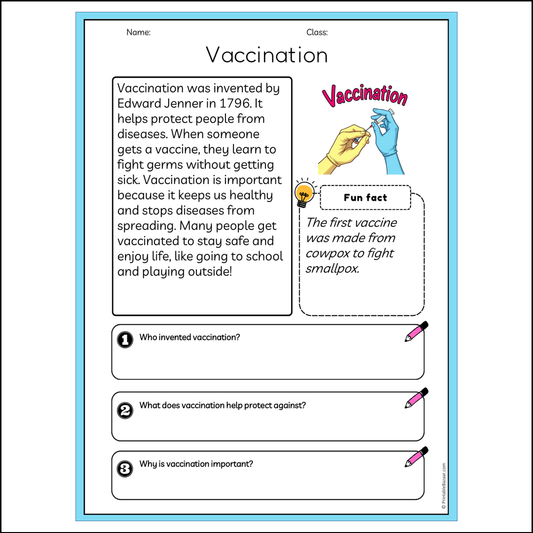 Vaccination | Reading Passage Comprehension Questions Writing Facts Worksheet