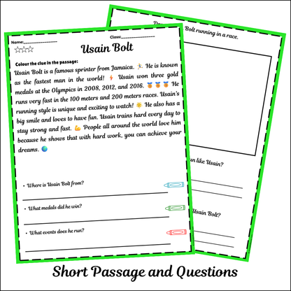 Usain Bolt | Short Reading Comprehension Creative Worksheet