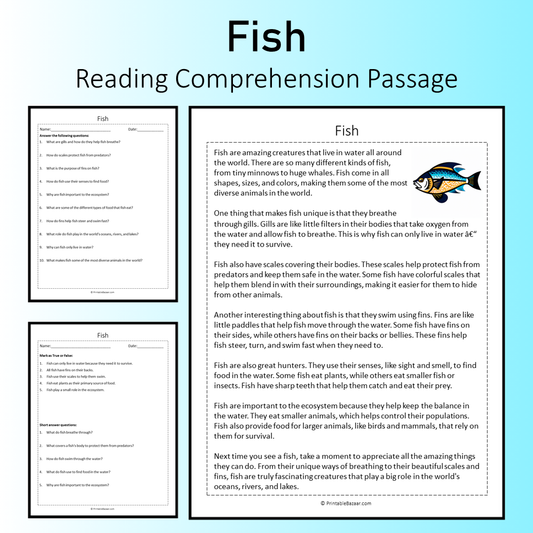 Fish | Reading Comprehension Passage Printable Worksheet