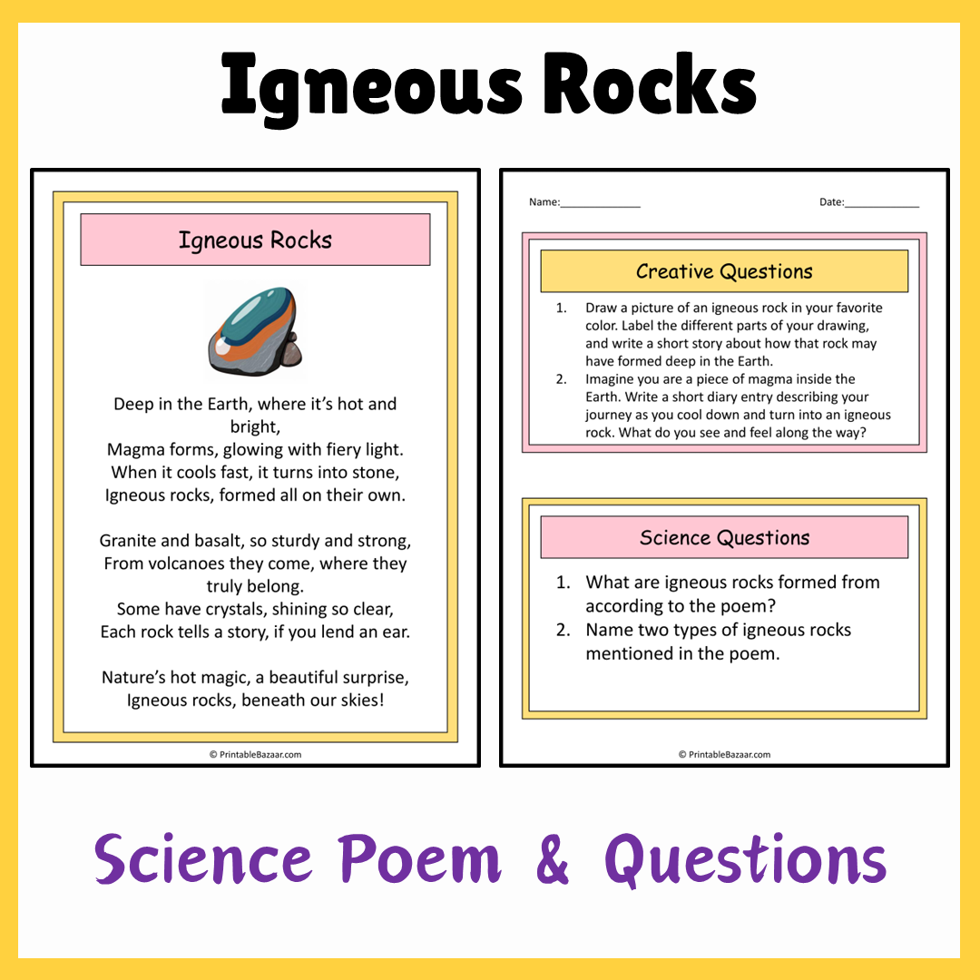 Igneous Rocks | Science Poem Reading Comprehension Activity