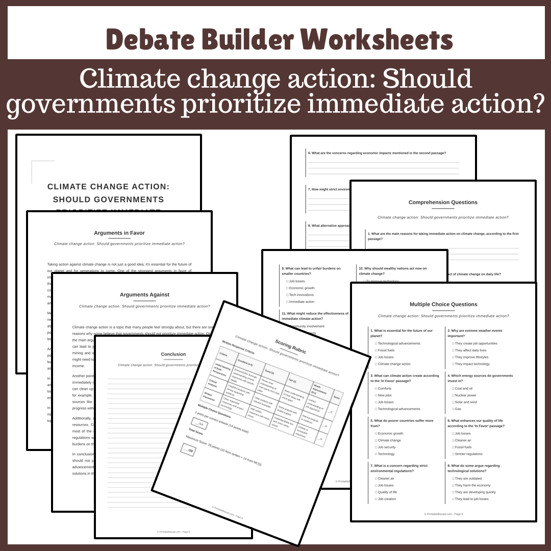 Climate change action: Should governments prioritize immediate action? | Favour and Against Worksheet Printable Activity