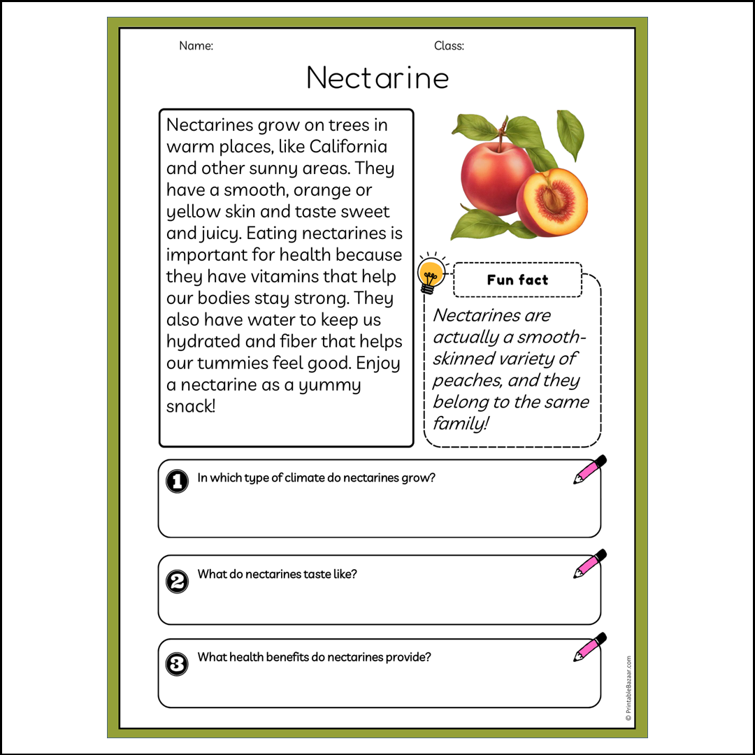 Nectarine | Reading Passage Comprehension Questions Writing Facts Worksheet