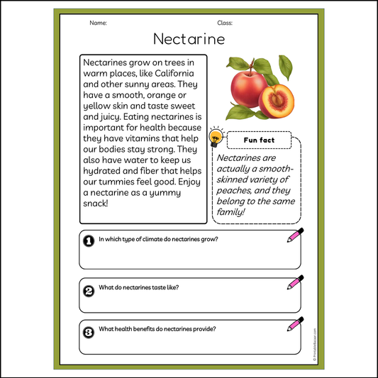 Nectarine | Reading Passage Comprehension Questions Writing Facts Worksheet