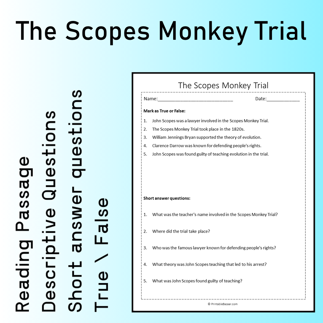 The Scopes Monkey Trial | Reading Comprehension Passage Printable Worksheet