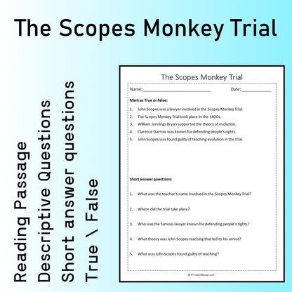 The Scopes Monkey Trial | Reading Comprehension Passage Printable Worksheet