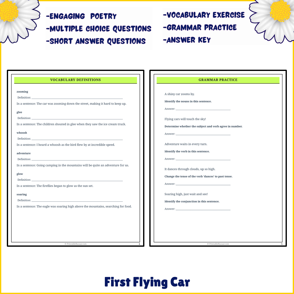 First Flying Car | Poem Grammar Worksheet Printable Activity